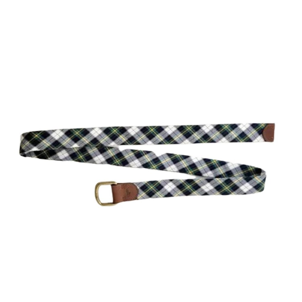 NEW Polo Ralph Lauren D Ring Belt! L XL Green White Tartan Plaid Cotton Leather